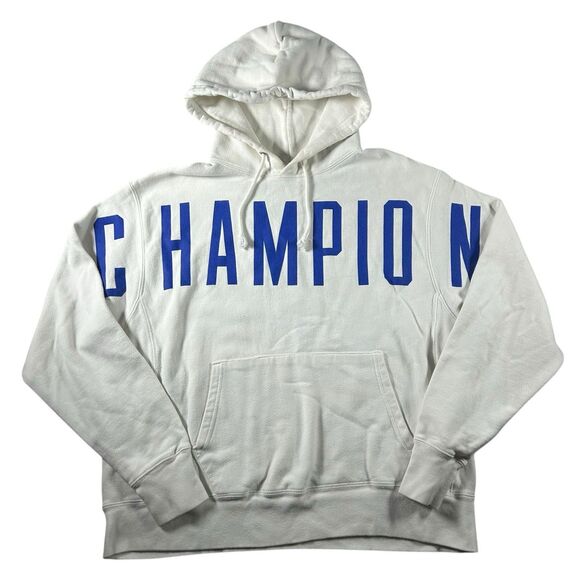 Vintage Champion Reverse Weave Hoodie Men’s Large White Blue Spell Out Y2K - Picture 2 of 10